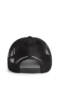 Black mesh trucker cap featuring a solid back, adjustable snap closure, and a rounded crown with top button detail.