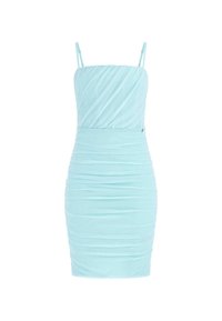 Robe sans manches, bleu clair, fabriquée en tissu doux et froncé. Elle présente des bretelles fines et une silhouette ajustée, avec des détails froncés sur l'ensemble.