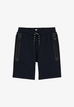 Schwarze Sportshorts mit elastischem Bund, weiß gesprenkelter Kordel und seitlichen Reißverschlusstaschen mit schwarzem Besatz.