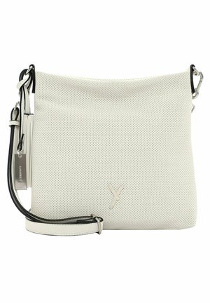 Weißer perforierter Lederhandtasche mit verstellbarem schwarzem Gurt und silbernen Beschlägen. Verfügt über ein dezentes Logo-Detail auf der Vorderseite.