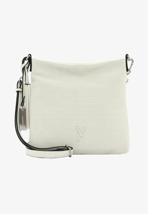 Hvid perforeret lædertaske med justerbar sort rem og sølvfarvet hardware. Har en diskret logoaccent foran.