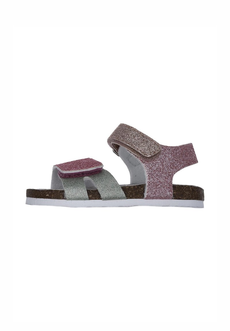 Sandali glitter con cinturini regolabili in velcro, con accenti rosa e verdi su una suola in sughero e fondo in gomma bianca.