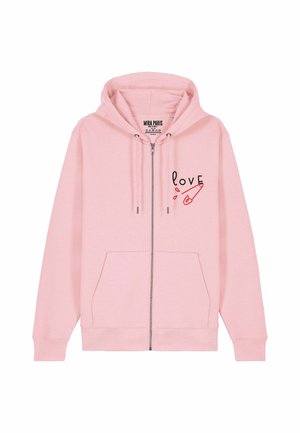 Rosa Zip-Hoodie mit einer vorderen Tasche, mit einem grafischen Design des Wortes "Liebe" in Schwarz und Rot, aus einem weichen, strukturierten Stoff.