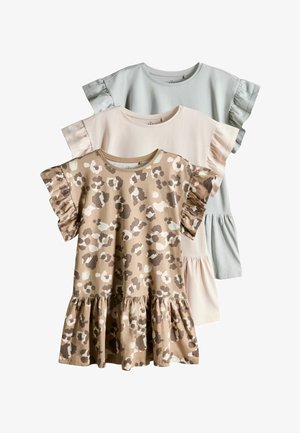 Tre abiti a maniche corte con maniche e orlo arricciati, in stampa leopardata, beige chiaro e grigio pallido.