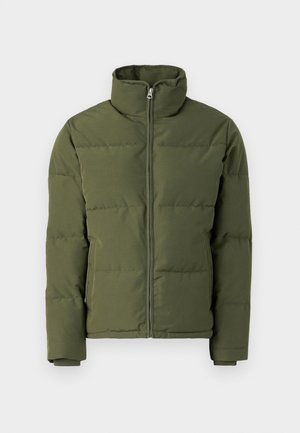 Olive green padded jacket with a stand collar, full zipper, and stitched pattern. Features long sleeves and a smooth texture.