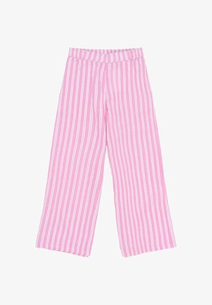 Lyserøde stribede brede bukser lavet af letvægtsstof, med en smocket talje og skiftende hvide lodrette striber.