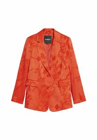 Rode blazer met bloemenpatroon, voorzien van een uitgesneden revers, twee voorkeurszakken en knopen. Gemaakt van geborsteld stof, met een ingewikkeld geborduurd ontwerp.