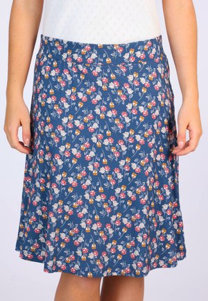 Röcke mit floralem Muster aus blauem Stoff, verziert mit roten, orangen und weißen Blumen sowie grünen Blättern. Ausgestellter Schnitt, knielang, mit elastischem Bund.
