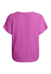 Violets īss piedurkņu tops no viegla, teksturēta auduma. Tam ir apaļš kakla izgriezums un taisna apakšmala, piedāvājot brīvu pieguļumu.