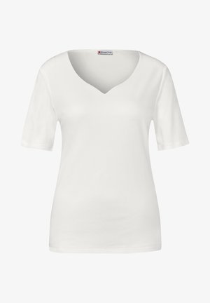 Weißes Baumwoll-T-Shirt mit V-Ausschnitt, kurzen Ärmeln und glatter Oberfläche. Einfaches Design ohne Muster oder zusätzliche Akzente.