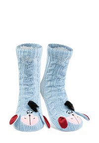 Calze blu lavorate a maglia con un motivo a treccia testurizzato, decorate con un design di faccia di animale dei cartoni animati, comprensivo di orecchie e dettagli sulla criniera.