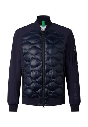 Veste bomber matelassée bleu marine avec fermeture éclair devant, poignets élastiques, poches latérales et poche sur la manche, avec le texte "BOGNER" sur la manche gauche.