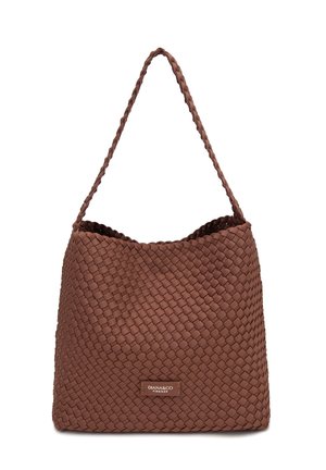 Bruine gevlochten leren schoudertas met een enkele gevlochten riem en een label "DIANA&CO FIRENZE" aan de voorkant.