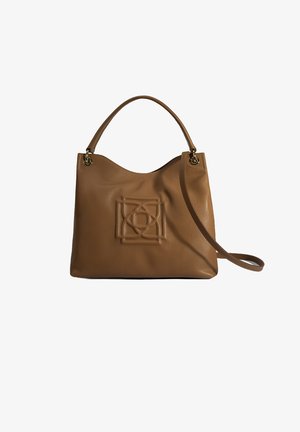 Brown leather tote bag with a soft texture; features a debossed geometric design on the front and dual carrying straps.