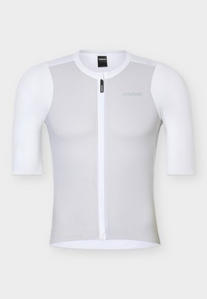 Maglia da ciclismo bianca a maniche corte con pannello frontale in rete, cerniera bianca a tutta lunghezza e etichette con logo GripGrab nere sul cursore della cerniera e sul colletto.