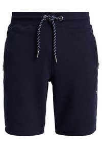 Námořnické modré bavlněné šortky s elastickým pasem, nastavitelnou šňůrkou a dvěma bočními kapsami na zip. Klasický, ležérní střih.
