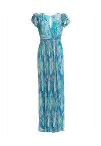 Robe maxi avec un motif abstrait bleu-vert, en tissu léger, manches courtes bouffantes, décolleté en V profond avec détail en trou de clé, et taille cintrée.