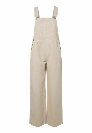 Bež široke kavbojke z naramnicami, ki imajo sprednji prsni žep, nastavljive naramnice, stranske gumbe in zanke za pas.