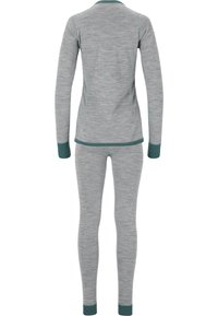 Grå långärmad topp och leggings-set med teal-accenter. Funktioner inkluderar ett mjukt, strukturerat tyg och en åtsittande design för komfort och rörelse.