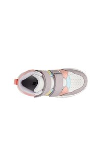 High-top sneaker with pastel pink, blue, and purple synthetic materials, Velcro straps, perforated toe, and white rubber sole.
