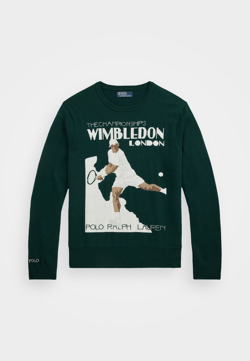 Sweatshirt tricotat de culoare verde închis, cu un grafic brodat al unui jucător de tenis și textul "THE CHAMPIONSHIPS WIMBLEDON LONDON."
