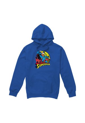 Blue hoodie with front pocket featuring Superman flying in front of a yellow circle and the text "SUPERMAN" below.