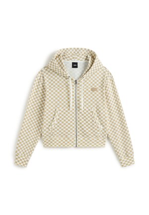 Sweat à capuche zippé à carreaux beige et blanc avec poches avant et cordon à la capuche, logo Vans sur la poitrine, posé à plat sur fond blanc.