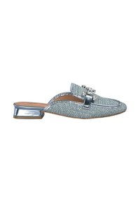 Light blue woven slip-on shoe with a metallic silver heel, featuring decorative hardware on the upper and a rounded toe design.