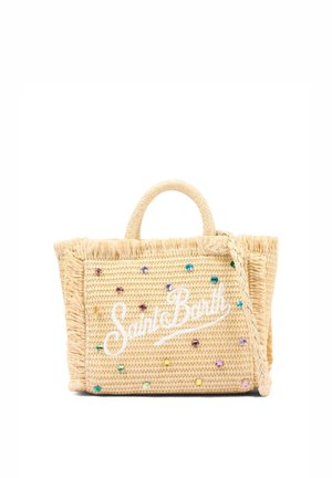 Geweven strooien draagtas met gevlochten handvatten, meerkleurige edelsteenaccenten en witte "Saint Barth"-tekst op het voorpaneel.