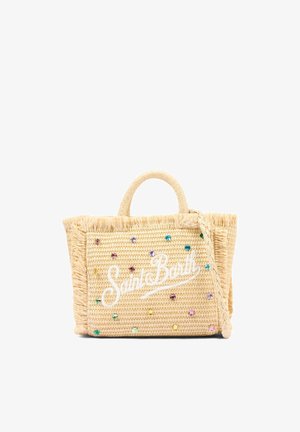 Geweven strooien draagtas met gevlochten handvatten, meerkleurige edelsteenaccenten en witte "Saint Barth"-tekst op het voorpaneel.