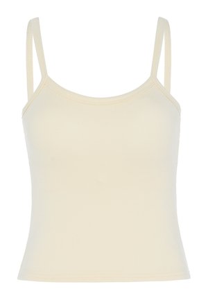 Top canottiera smanicato color crema a coste con sottili spalline e scollatura rotonda.