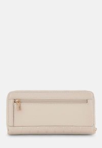 Beige rechteckige Geldbörse mit externem Reißverschlussfach, goldenem Reißverschluss-Zipper und gesteppten Nähten entlang der unteren Kante vor einem weißen Hintergrund.
