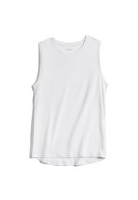 White sleeveless tank top made from soft fabric, featuring a round neckline and a slightly curved hemline for a relaxed fit.
