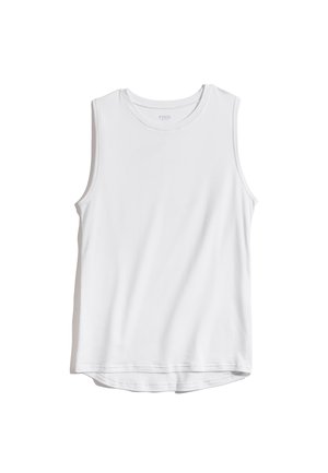 Weißes ärmelloses Tanktop aus weichem Stoff, mit einem runden Ausschnitt und einem leicht geschwungenen Saum für eine entspannte Passform.