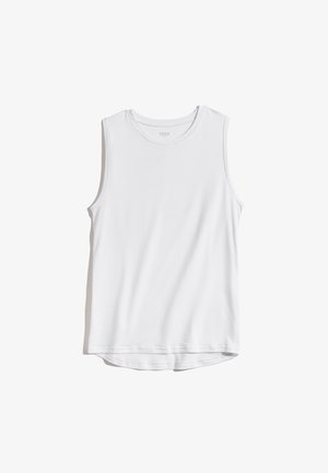 Weißes ärmelloses Tanktop aus weichem Stoff, mit einem runden Ausschnitt und einem leicht geschwungenen Saum für eine entspannte Passform.