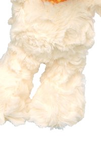 Fluffy, cream-colored plush toy with textured fur, featuring prominent soft limbs and a bright orange collar.