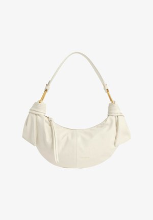 Borsa a mezzaluna morbida di colore bianco con dettagli laterali annodati, rifiniture in metallo dorato e tracolla singola.