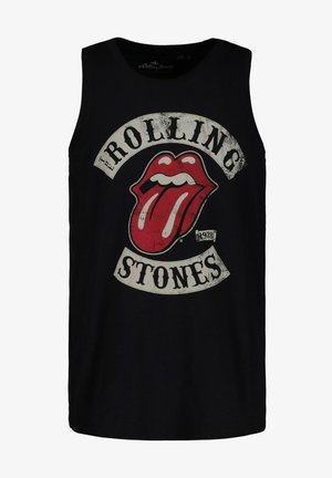 Black sleeveless tank top featuring a distressed graphic of red lips and tongue with "The Rolling Stones" text in white. Cotton material.