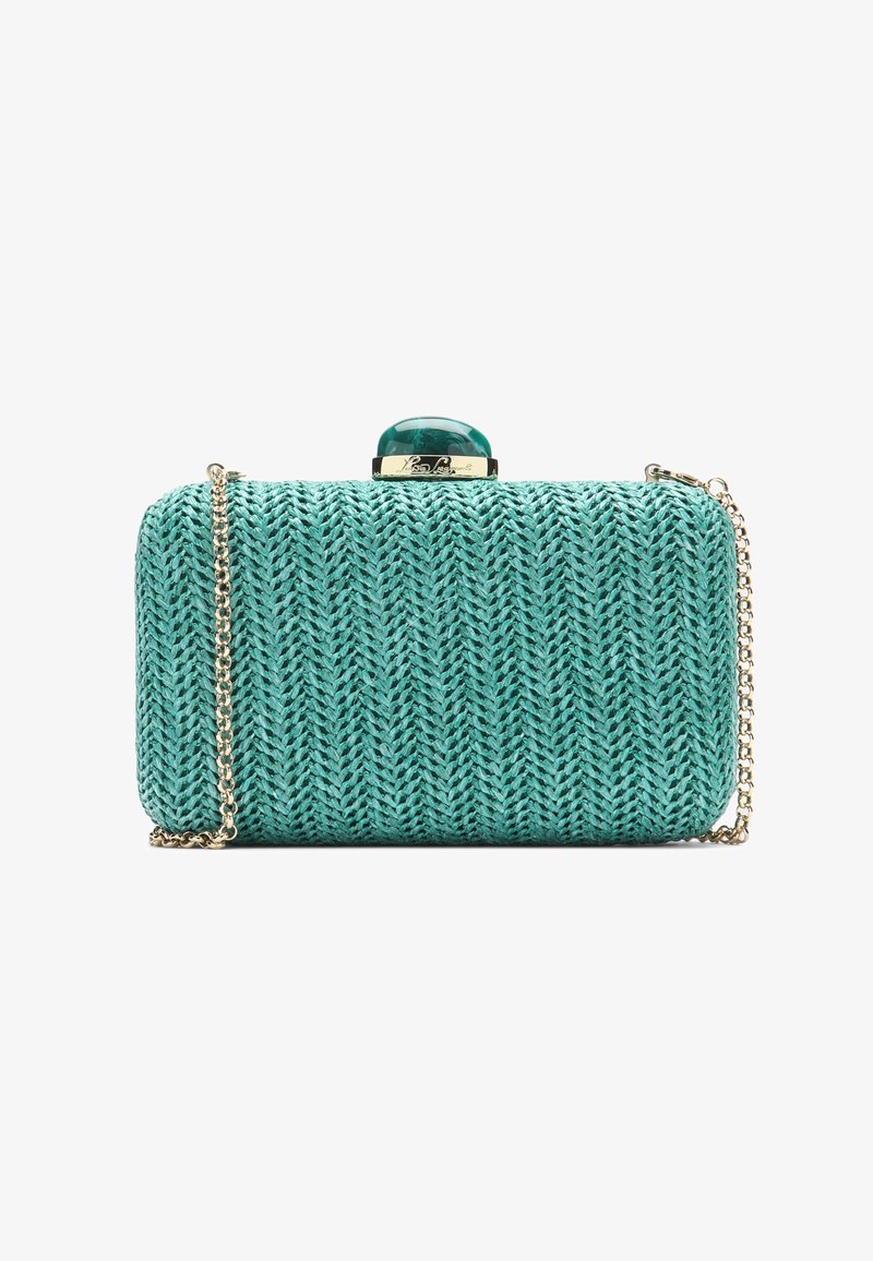 Teal vævet clutch taske med en rektangulær form, guld kæde-rem og en dekorativ grøn ædelstensklemme. Har et tekstureret zigzag-mønster.
