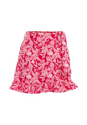 Rødt skørt med lys pink blomsterprint og flæsekanter, knælængde og detaljer med sidelukning.