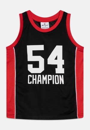 Svart sportsdrakt med røde detaljer, med nummeret "54" og "CHAMPION" i hvitt. Laget av pustende mesh-stoff.