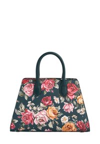 Borsa a mano verde scuro con due manici, decorata con un vivace motivo floreale di rose nei colori rosa, rosso, giallo e bianco.