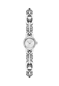 Reloj de pulsera de metal plateado con una esfera circular y un diseño de pulsera de cadena enlazada, que presenta una esfera plateada texturizada y marcadores de hora minimalistas.