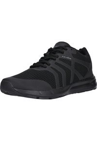 Schwarzer Sportschuh mit atmungsaktivem Mesh-Obermaterial, glatter Gummisohle und strukturierten Akzenten für Grip und Unterstützung. Schnürsenkel für einen sicheren Sitz.