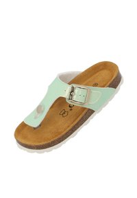 Eine mintgrüne Zehensandale mit strukturiertem Obermaterial, verstellbarem silbernen Schnallenverschluss und braunem Korkfußbett, ausgestattet mit einer weißen Gummisohle.