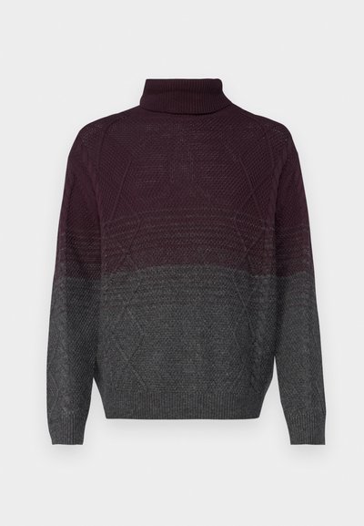 Pull en tricot à col montant, présentant un dégradé de bordeaux à gris, avec un motif texturé et des poignets et un ourlet côtelés.