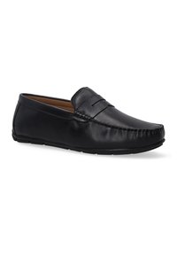 Sorte læder loafers med en glat tekstur, slidser design, syet detaljer og en gummisål for fleksibilitet. Ingen snørebånd eller lukninger.