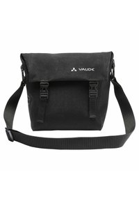 Borsa a tracolla nera in tela con patta ripiegata, due fibbie frontali e cintura regolabile. Presenta in modo evidente il logo VAUDE.