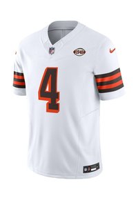 Weißes Fußballtrikot mit kurzen Ärmeln, ausgestattet mit orangefarbenen und braunen Streifen, großer Nummer 4 in Orange, Nike-Logo und NFL-Emblem auf der Brust.