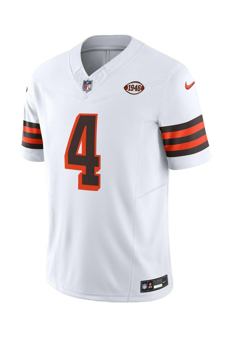 Weißes Fußballtrikot mit kurzen Ärmeln, ausgestattet mit orangefarbenen und braunen Streifen, großer Nummer 4 in Orange, Nike-Logo und NFL-Emblem auf der Brust.